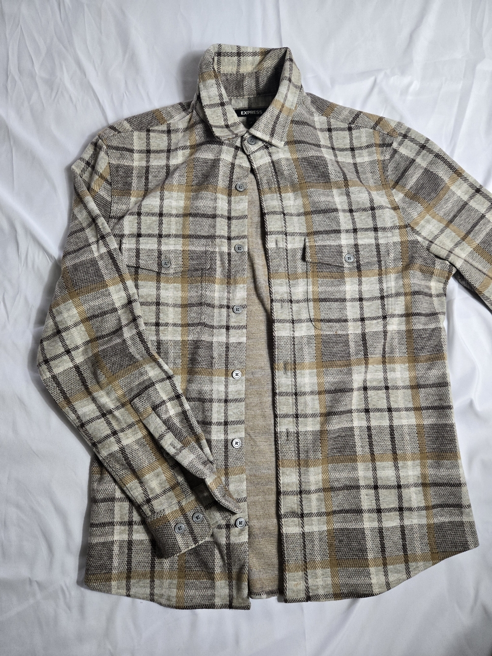 Express Neutral Plaid Button-Front Shirt Jacket in Cream, Brown and Tan